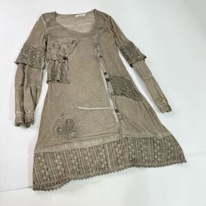 Sharenton Top Womens Medium Shirt Lagenlook Tunic Boho Brown Long Sleeve